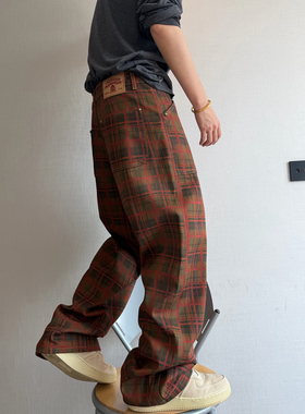 dannyandzee春季复古斜纹帆布红格子数码印花工装小直筒裤男长裤
