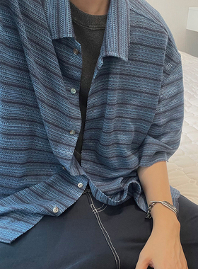 dannyandzee夏季复古百搭慵懒蓝色镂空提花条纹短袖衬衫男半袖INS