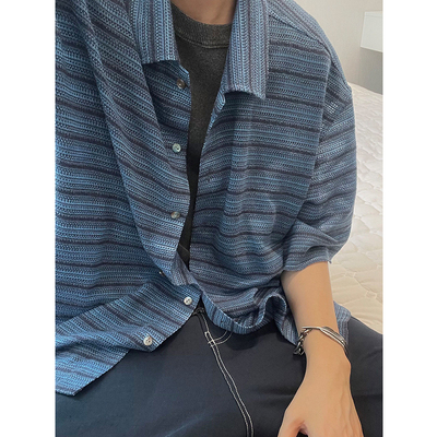 dannyandzee夏季复古百搭慵懒蓝色镂空提花条纹短袖衬衫男半袖INS