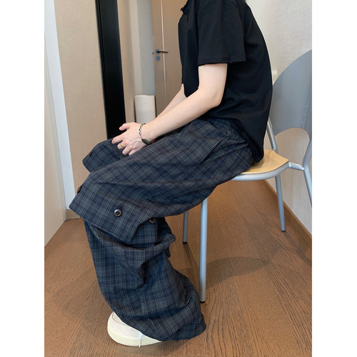 dannyandzee夏季宽松薄款松弛感墨绿色格子裤可脱卸长裤休闲裤男
