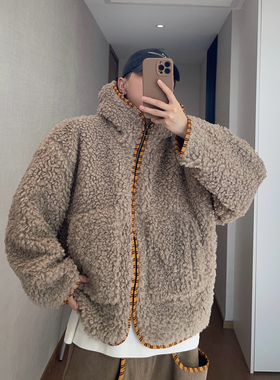 dannyandzee秋冬复古虎纹织带防风连帽卷卷毛泰迪毛绒保暖厚外套