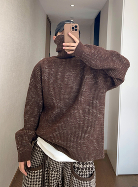 dannyandzee秋冬复古重磅咖啡色华夫格混色厚重打底针织高领毛衣
