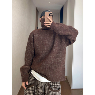 dannyandzee春季复古重磅咖啡色华夫格混色厚重打底针织高领毛衣