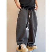 dannyandzee冬季 INS 男长裤 复古重水洗深灰色宽松毛边吊裆裤 牛仔裤