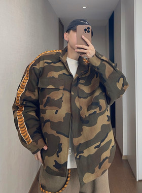 dannyandzee秋冬复古水洗虎纹织带重磅迷彩帆布立领棉衣厚外套男