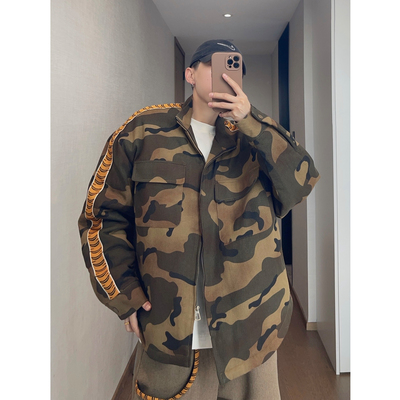 dannyandzee秋冬复古水洗虎纹织带重磅迷彩帆布立领棉衣厚外套男