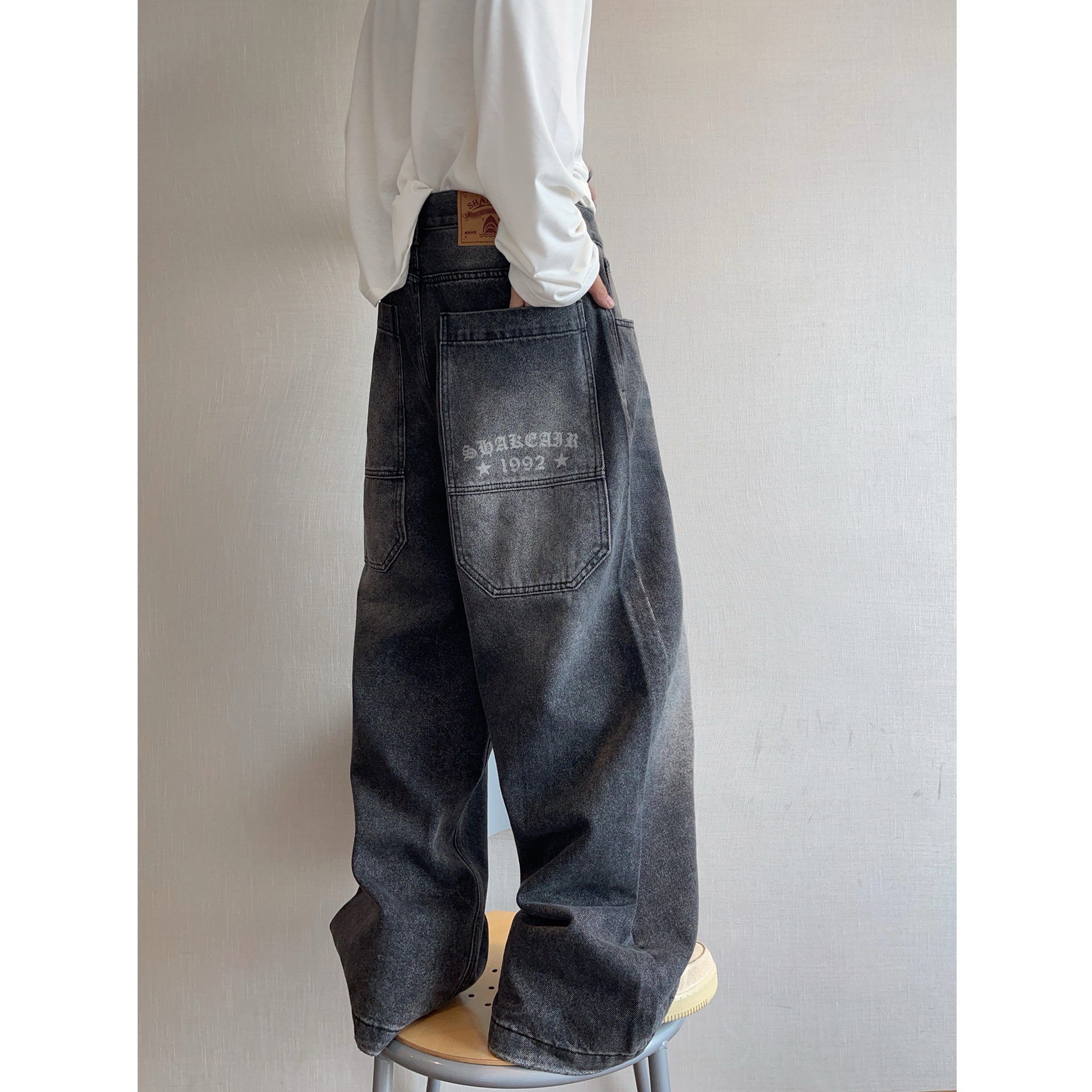 dannyandzee秋季复古百搭重水洗黑色重磅阔腿牛仔裤男直筒工装裤