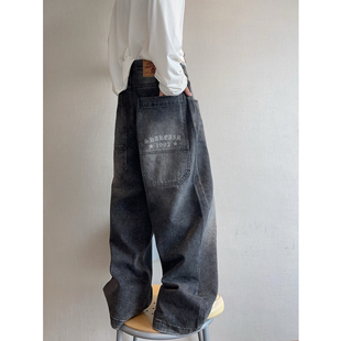 dannyandzee秋季复古百搭重水洗黑色重磅阔腿牛仔裤男直筒工装裤