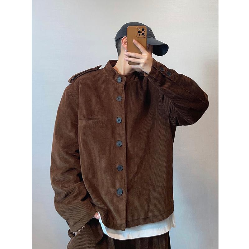 复古咖啡色粗条灯芯绒立领棉衣