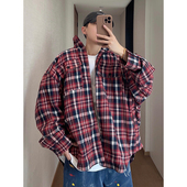 dannyandzee春季 复古百搭宽松红蓝大格子夸张立领拉链夹克外套男