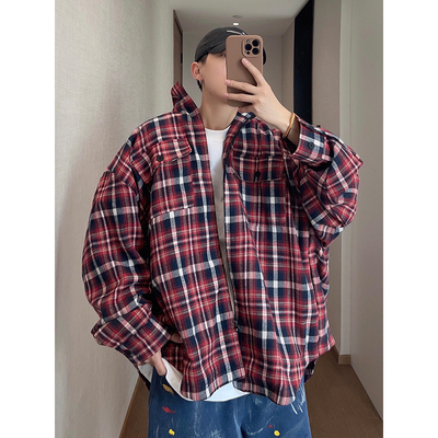dannyandzee春季复古百搭宽松红蓝大格子夸张立领拉链夹克外套男