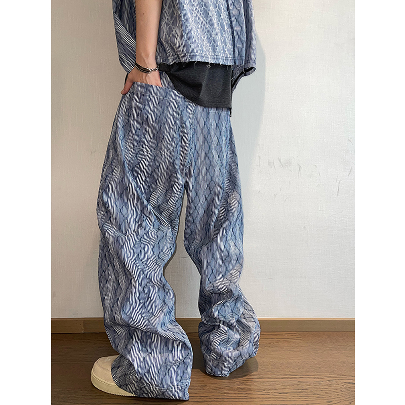 dannyandzee夏季复古百搭蓝色条纹菱形褶皱纽扣门襟直筒裤男长裤