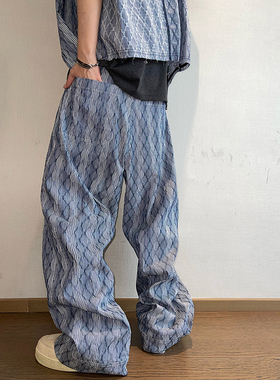 dannyandzee夏季复古百搭蓝色条纹菱形褶皱纽扣门襟直筒裤男长裤