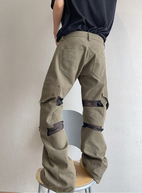 dannyandzee春夏复古做旧军绿色帆布拼接网眼低腰工装裤弯刀裤男
