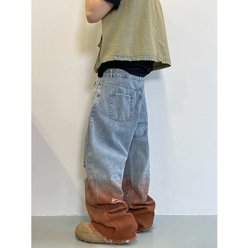 重水洗做旧脏橘色渐变喷色牛仔裤