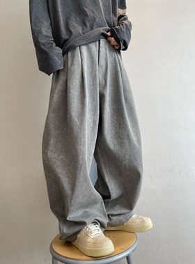 dannyandzee秋季复古重水洗水泥色扎染灰色廓形宽松帆布工装裤男