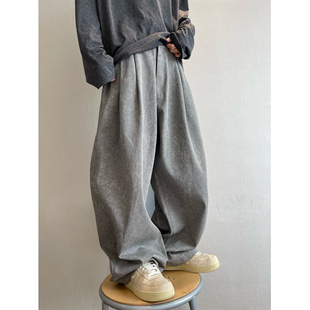 男 裤 dannyandzee秋季 复古重水洗水泥色扎染灰色廓形宽松帆布工装