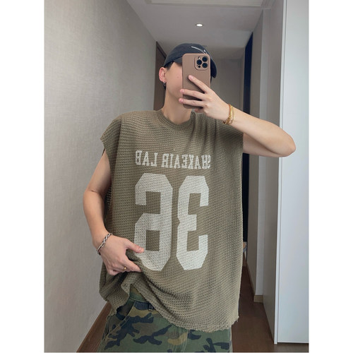 dannyandzee夏季宽松复古军绿色镂空网眼字母印花提花无袖T恤男