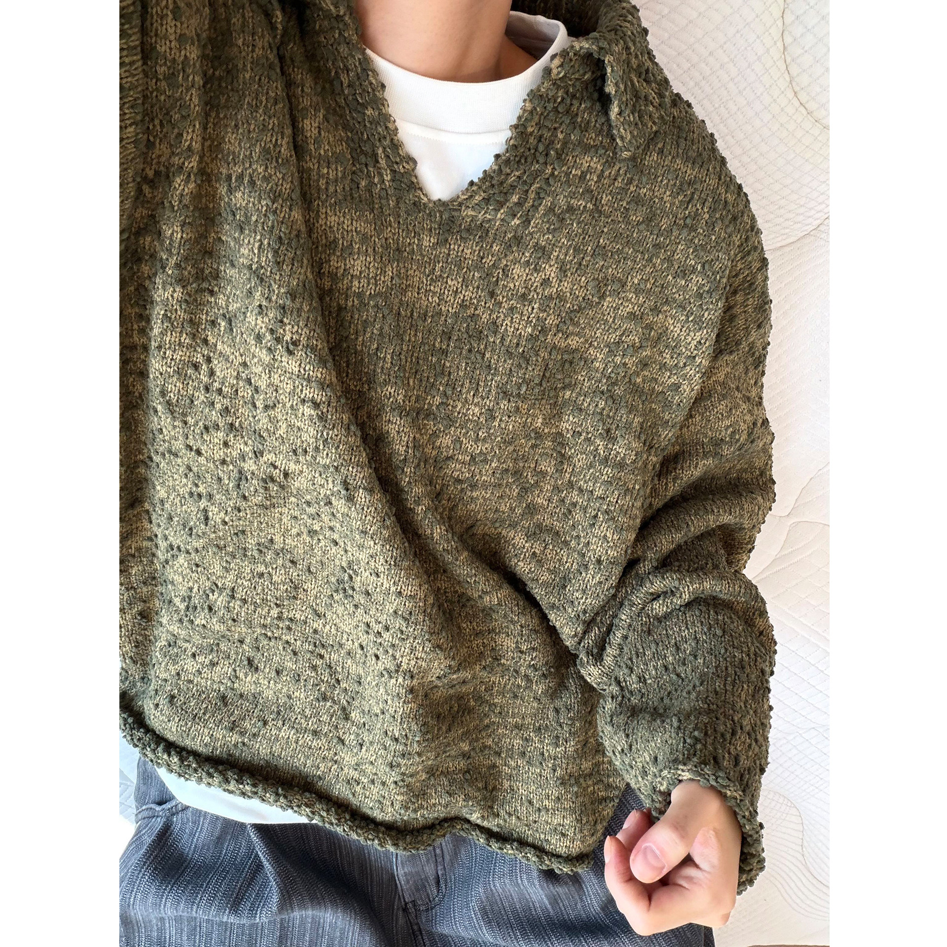 dannyandzee秋冬复古废土风西兰花提花颗粒破坏军绿毛衣两面穿男