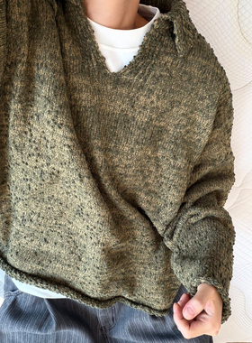 dannyandzee秋冬复古废土风西兰花提花颗粒破坏军绿毛衣两面穿男