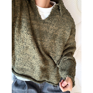 dannyandzee秋冬复古废土风西兰花提花颗粒破坏军绿毛衣两面穿男