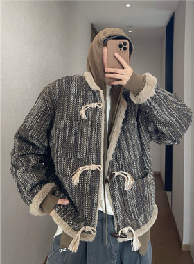 dannyandzee冬季复古军绿色编织仿兔毛保暖加厚牛角扣厚外套男INS