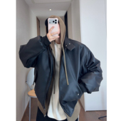 dannyandzee冬季 复古保暖加厚立领防风哈灵顿PU皮棉衣厚外套男INS