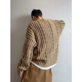 dannyandzee春季 复古百搭宽松卡其绿绞花两面穿圆领做旧厚毛衣男