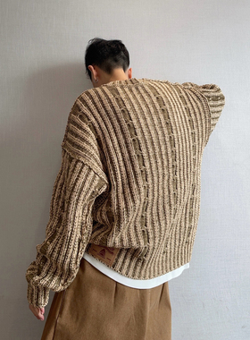 dannyandzee秋冬复古百搭宽松卡其绿绞花两面穿圆领做旧厚毛衣男