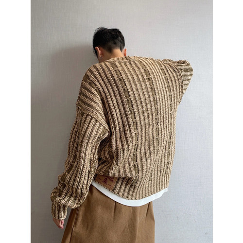 dannyandzee春季复古百搭宽松卡其绿绞花两面穿圆领做旧厚毛衣男