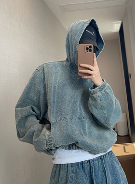 dannyandzee春夏重水洗破洞勾花做旧蓝色连帽短宽牛仔夹克外套男