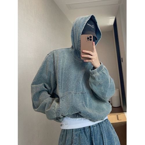 dannyandzee春夏重水洗破洞勾花做旧蓝色连帽短宽牛仔夹克外套男