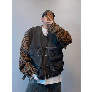dannyandzee春季 复古痞帅宽松短宽牛仔拼接豹纹呢料夹克外套男INS