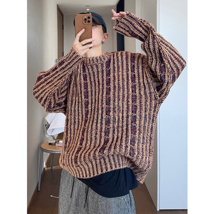 dannyandzee冬季复古百搭做旧混色两面穿绞花圆领针织粗线毛衣男