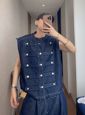 dannyandzee夏季复古宽松藏青色莱赛尔混纺排扣毛边牛仔马甲男INS