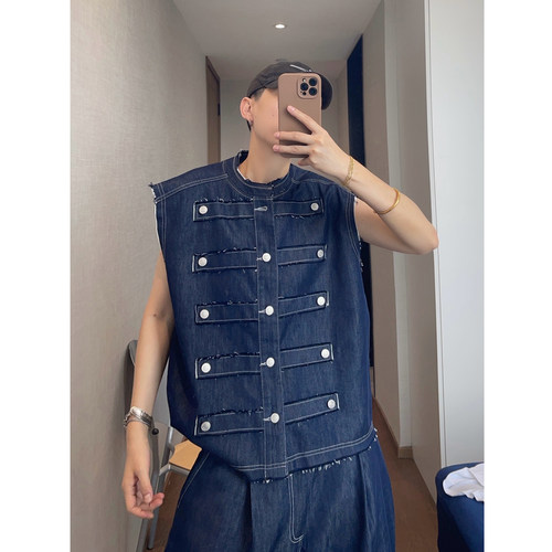 dannyandzee夏季复古宽松藏青色莱赛尔混纺排扣毛边牛仔马甲男INS