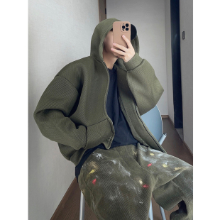 dannyandzee春季 连帽卫衣男INS 复古镂空立体网眼纯色百搭廓形短款