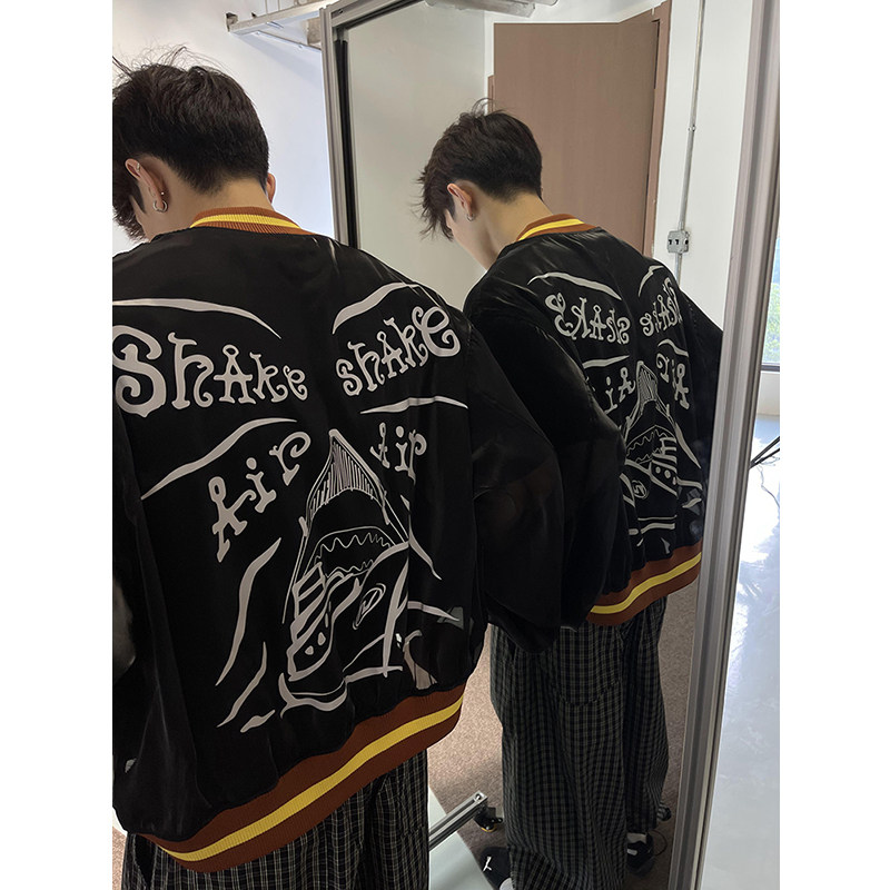 反光涂鸦印花网纱透视夹克