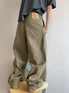 dannyandzee秋冬复古重水洗毛边打褶军绿色帆布直筒工装裤男长裤