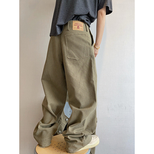 dannyandzee秋冬复古重水洗毛边打褶军绿色帆布直筒工装裤男长裤