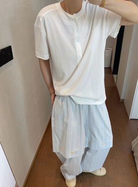 dannyandzee夏季160克重轻薄款棉毛边亨利领松弛感纯色短袖T恤男