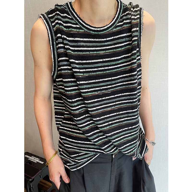 dannyandzee夏季百搭混色合身款彩色条纹圆领汗背心男无袖T恤情侣