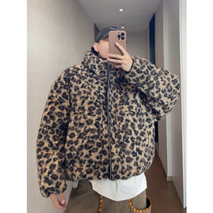 dannyandzee秋冬复古豹纹呢料两面穿保暖加厚连帽棉衣厚外套男INS