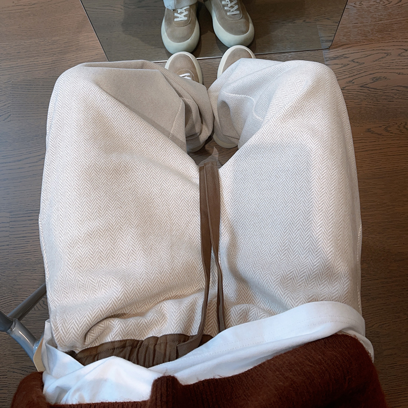 撞色腰头宽抽绳毛呢料弯刀裤