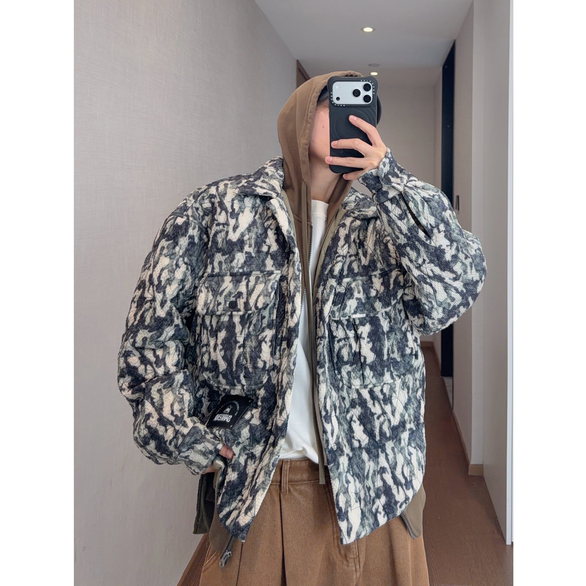 dannyandzee秋冬加厚保暖复古五角星绗棉军绿色迷彩棉服外套男INS