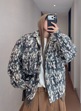 dannyandzee秋冬加厚保暖复古五角星绗棉军绿色迷彩棉服外套男INS