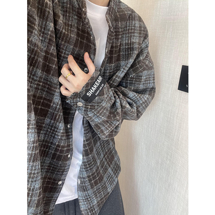 dannyandzee秋季复古百搭慵懒蓝咖色格子呢料立领长袖厚衬衫男INS