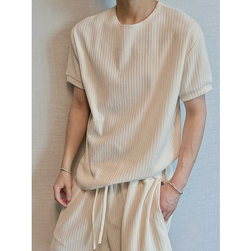 dannyandzee夏季慵懒复古抽条纯色毛边宽松短袖短裤运动套装男INS