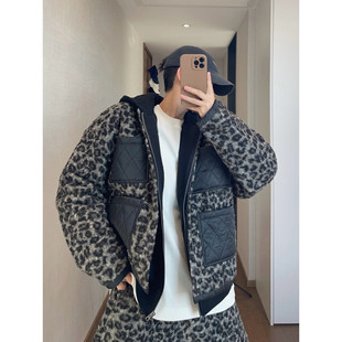 dannyandzee冬季保暖黑色豹纹呢料两面穿棉衣加厚保暖无领外套男