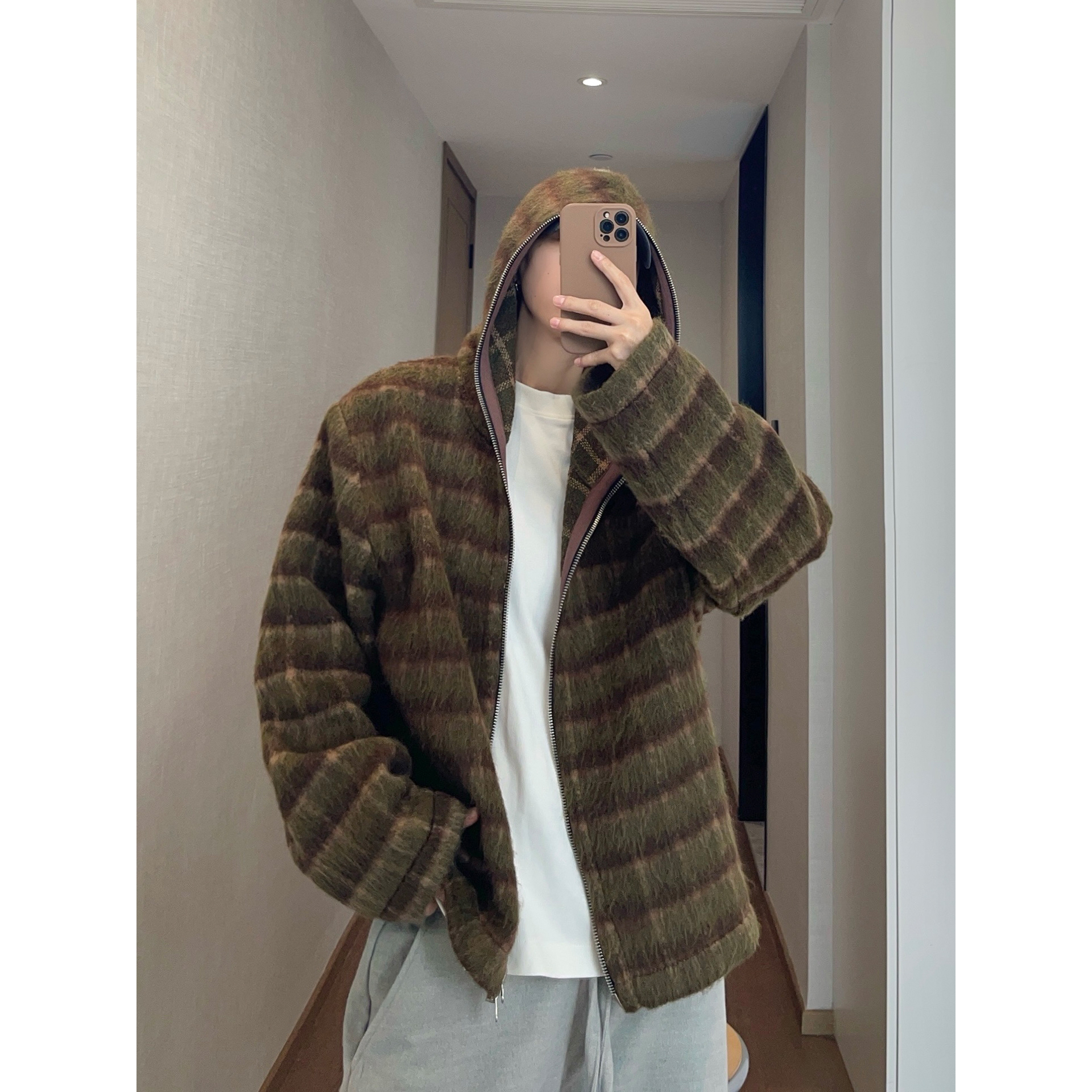 dannyandzee秋冬复古百搭军绿色格子长毛呢料连帽夹克厚外套男INS